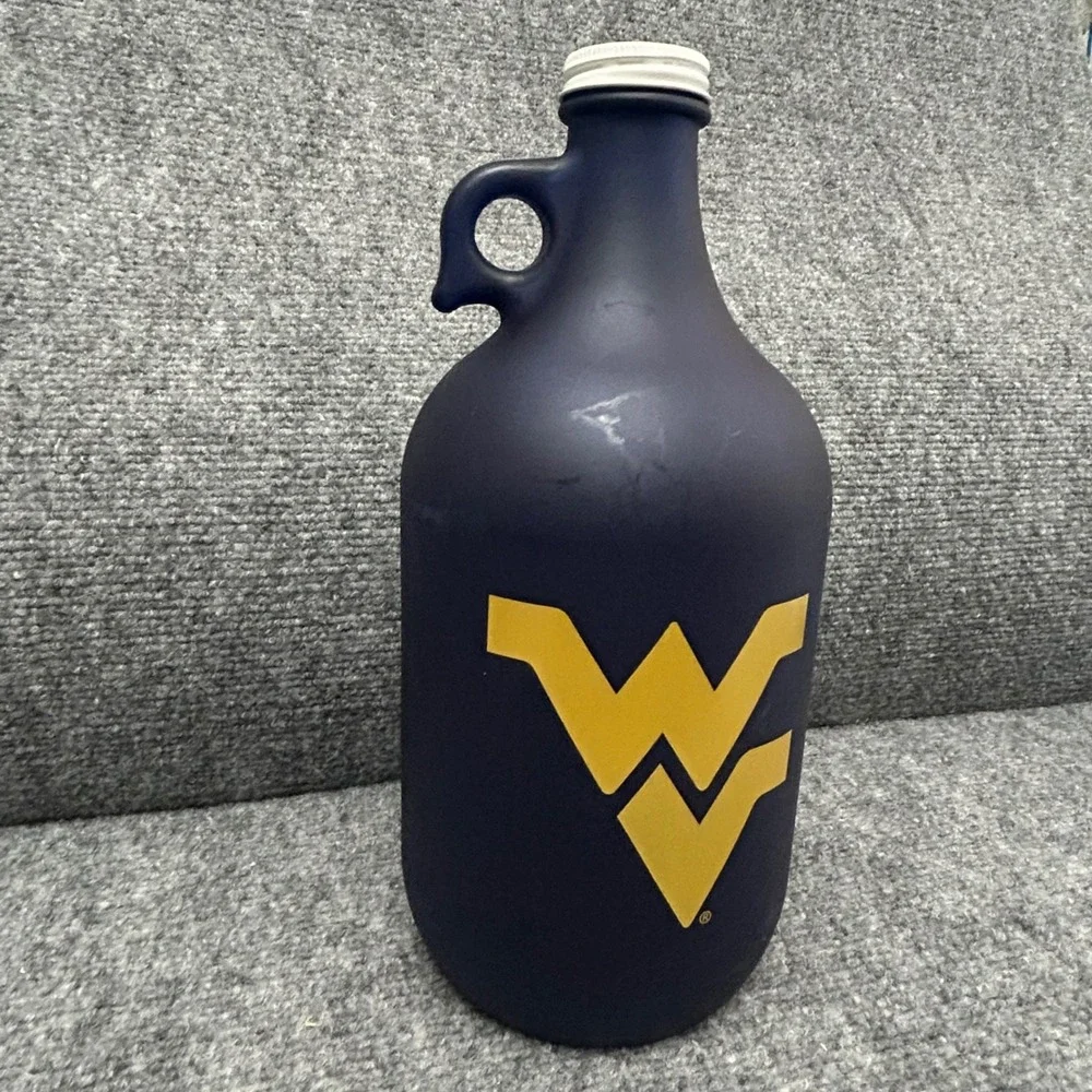West Virginia Mountaineers WVU Matte Navy Blue Glass Growler Jug 64oz 11in